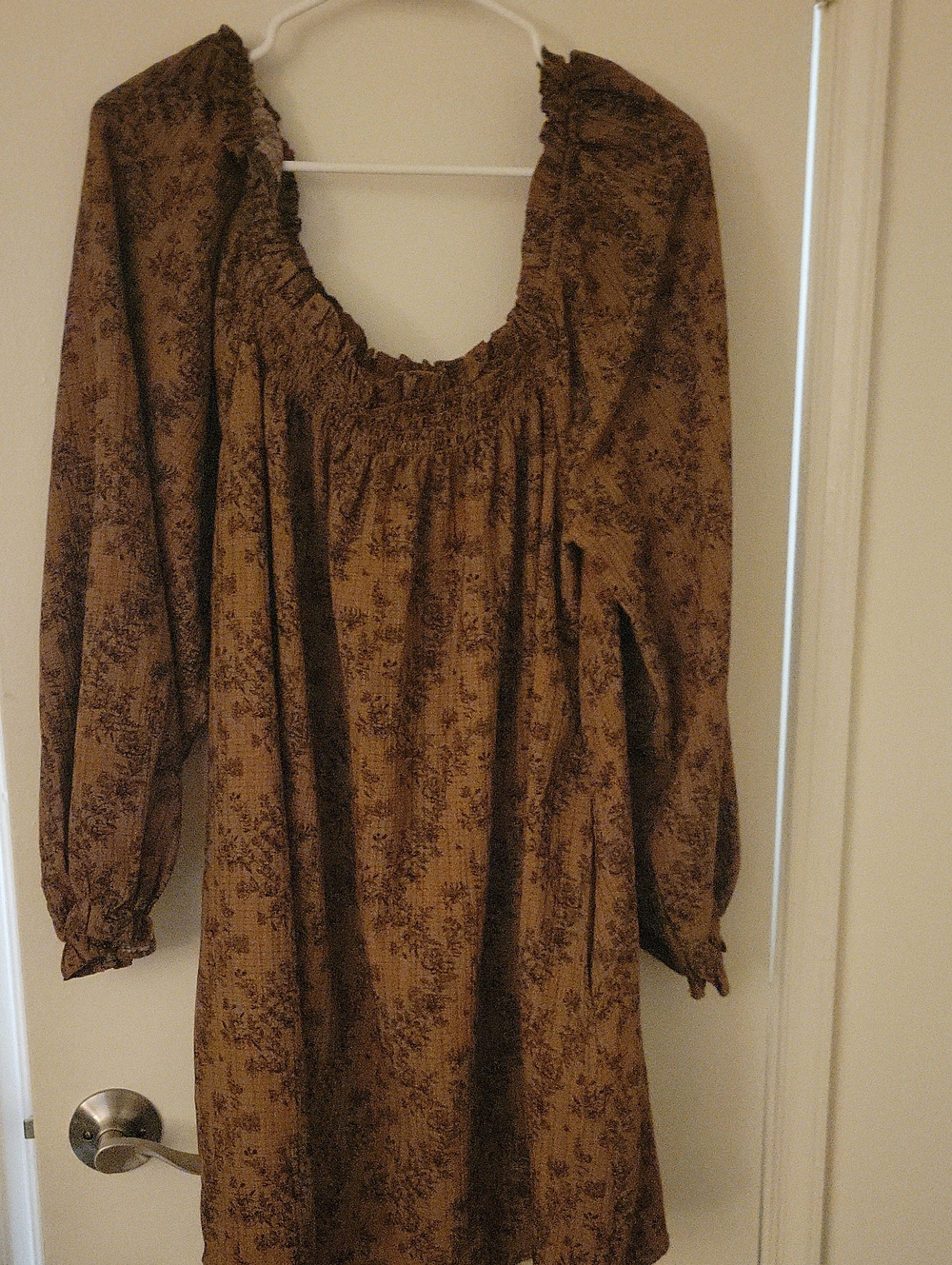 Boho Peasant Long-Sleeve Dress in Brown Floral